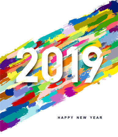 2019 Happy New Year background with colorful brushes numbers. Christmas winter holidays design. Greeting card, calendar, brochure template. Vector illustration. Isolated on white backgroundのイラスト素材