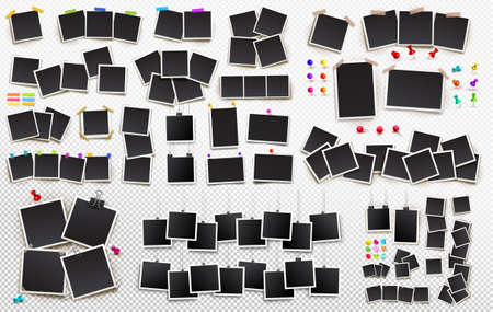 Big set of square vector photo frames on sticky tape, pins and rivets. Template photo design. Vector illustration. Isolated on transparent backgroundのイラスト素材