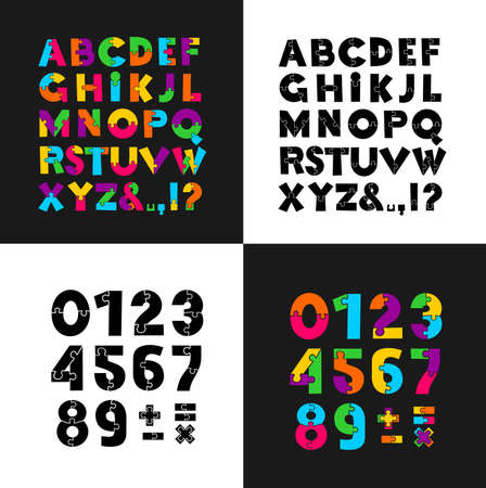Puzzle colorful and black creative font. Flat design. Vector illustration. Isolated on black and white backgroundのイラスト素材