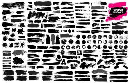 Set of black paint, ink brush strokes, brushes, lines, grungy. Dirty artistic design elements, boxes, frames. Freehand drawing. Vector illustration. Isolated on white backgroundのイラスト素材