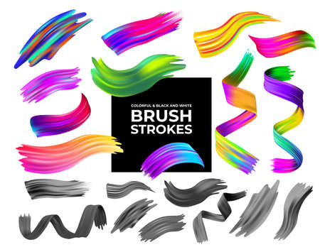 Set of colorful and black and white brush strokes oil or acrylic paint design element. Creative concept of digital painted color stroke. Vector illustration. Isolated on white backgroundのイラスト素材