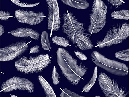Seamless pattern with white feathers. Drawn by hand. Vector Vector illustration. Isolated on dark blue backgroundのイラスト素材