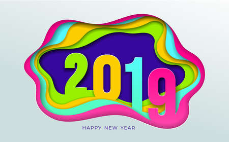 2019 number text design typography pattern. Paper art and digital craft style. Happy new year and winter season. Text Vector illustration. Isolated on white backgroundのイラスト素材