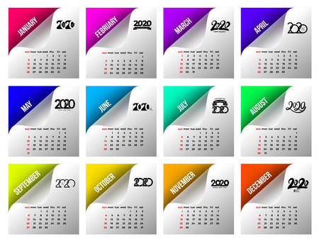 Calendar 2020 template. Calendar design in black and white colors, holidays in red colors on colored stickers. Vector illustration. Isolated on white background.のイラスト素材