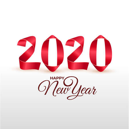 New Year 2020 greeting card. Handmade red painted strips bent into numbers shapes. Vector illustration. Isolated on white background.のイラスト素材