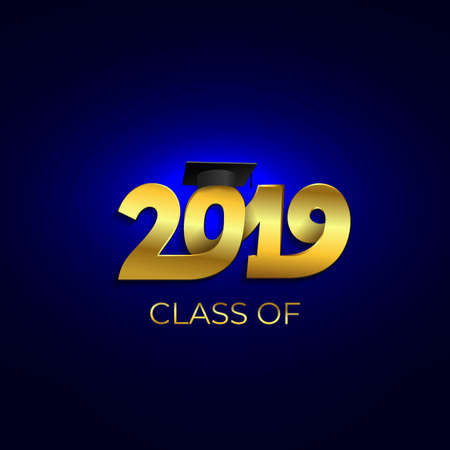 Class of 2019 with graduation cap. Text design pattern. Vector illustration. Isolated on blue background.のイラスト素材