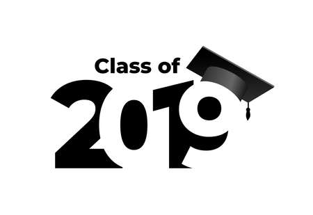 Class of 2019 with graduation cap. Text design pattern. Vector illustration. Isolated on white background.のイラスト素材