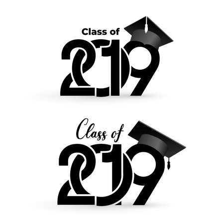 Class of 2019 with graduation cap. Text design pattern. Vector illustration. Isolated on white backgroundのイラスト素材