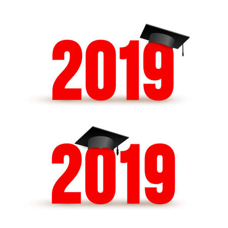 Set of Class of 2019 with Graduation Cap. Vector illustration. Isolated on white background.のイラスト素材