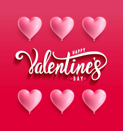 Happy Valentines day hand lettering. Romantic quote postcard, card, invitation, banner template. Vector illustration. Isolated on red background.のイラスト素材