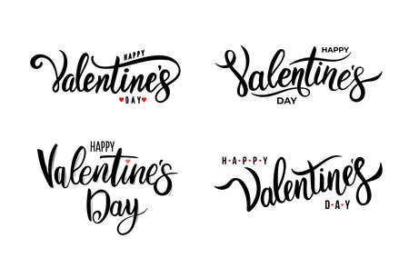 Set of Happy Valentines day typography poster with handwritten calligraphy text. Lettering vector Illustration. Isolated on white background.のイラスト素材