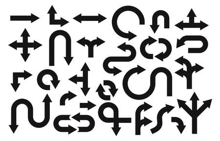 Collection of black rounded arrows. Road, navigation or media flat icons. Vector illustration. Isolated on white background.のイラスト素材