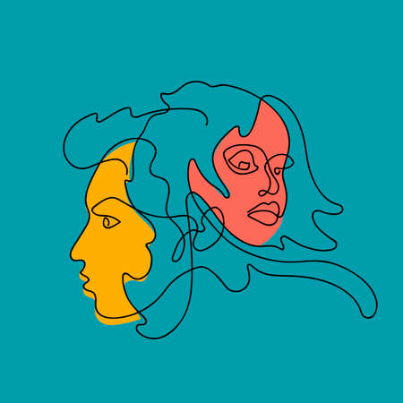 Female and male face continuous line, drawing of set faces and hairstyle. Fashion concept, woman...