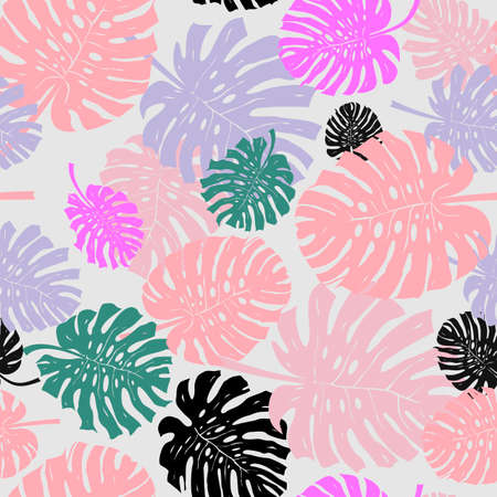 Light seamless elegant template with leaves. Pink, red glitter abstract with doodles and leaves. Pattern for design of fabric, wallpapers. Vector illustration. Isolated on white background.のイラスト素材