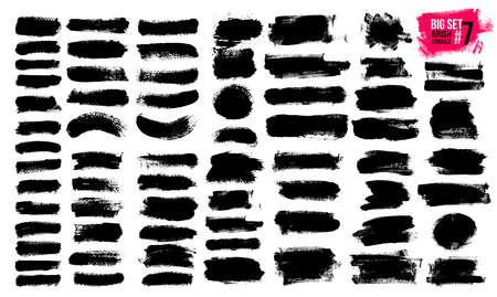 Big Set Of Black Brush Strokes, Paint, Ink, Grunge, Brushes, Lines. Dirty Artistic Elements, Boxes, Frames. Freehand Drawing. Vector Illustration. Isolated On White Background.のイラスト素材