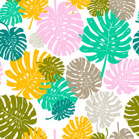 Palm Leaf Seamless Background. Monstera leaf pattern. Flat Design. Vector Illustration. Isolated On White Background.のイラスト素材