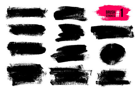 Set Of Black Brush Strokes, Paint, Ink, Grunge, Brushes, Lines. Dirty Artistic Elements, Boxes, Frames. Freehand Drawing. Vector Illustration. Isolated On White Background.のイラスト素材