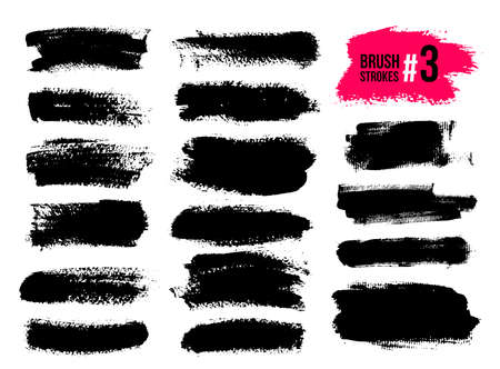 Set Of Black Brush Strokes, Paint, Ink, Grunge, Brushes, Lines. Dirty Artistic Elements, Boxes, Frames. Freehand Drawing. Vector Illustration. Isolated On White Background.のイラスト素材