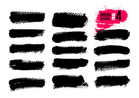 Set Of Black Brush Strokes, Paint, Ink, Grunge, Brushes, Lines. Dirty Artistic Elements, Boxes, Frames. Freehand Drawing. Vector Illustration. Isolated On White Background.のイラスト素材