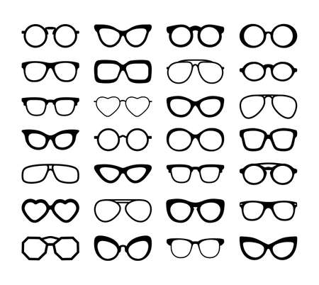 Set Of Black Silhouettes Of Different Eyeglasses. Flat Design. Vector Illustration. Isolated On White Background.