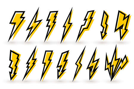 Set Of Thunderbolt And High Voltage Black Yellow Icons For Design. Vector Illustration. Isolated On White Background.のイラスト素材