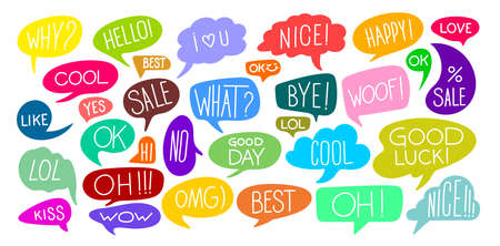 Set of Various Cute Speech Bubble Doodle Stickers With Multiple Colors. Colorful Comic Speech Bubble And Dialogue. Vector Illustration. Isolated On White Background.のイラスト素材