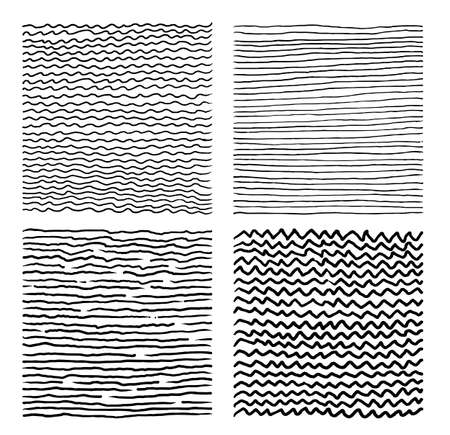Set of Hand drawn abstract pattern with hand drawn lines, strokes. Grunge brushes, wavy stripes. Grid black and white texture. Vector ink grunge brush. Isolated on white background.のイラスト素材