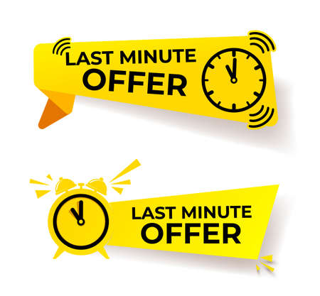 Set of last minute offer button sign, yellow flat modern label, alarm clock countdown logo. Vector illustration. Isolated on white background.のイラスト素材
