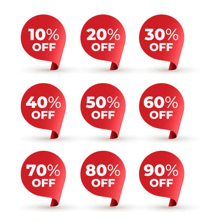 Set of red banner speech bubble. 10, 20, 30, 40, 50, 60, 70, 80,90 percent off. Vector illustration. Isolated on white background.のイラスト素材