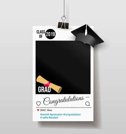 Frame with cap for grads. Graduation party photo booth props. Concept for selfie. Photobooth vector element. Congratulation grad quote. Vector illustration. Isolated on white background.のイラスト素材
