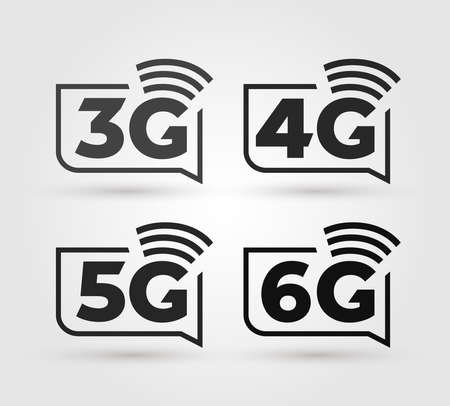 Set of 3G, 4G, 5G & 6G Icons. Flat design. Vector illustration. Isolated on black background.