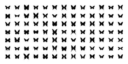 Mega Set of 91 butterflies silhouettes. Vector illustration. Isolated on white background.のイラスト素材