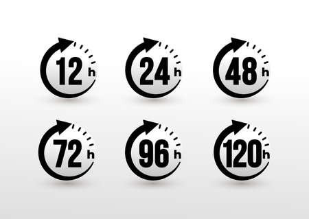 Set of 12, 24, 48, 72, 96, 120 hours clock arrow. Work time effect or delivery service time icons. Hours order execution or delivery service. Vector illustration. Isolated on white background.&#xD;&#xA;のイラスト素材
