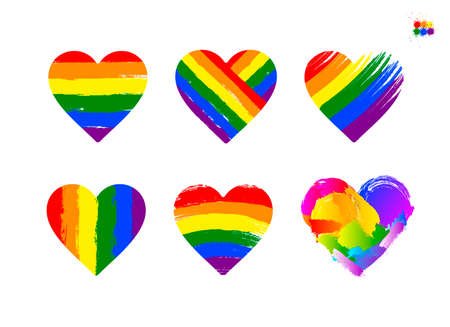 Set of LGBT pride flag or rainbow pride flag on heart background. Celebrated annual. LGBT flag stripes. Vector illustration. Isolated on white background.のイラスト素材