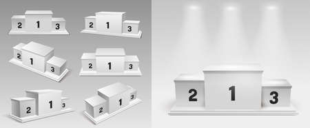 Set of white winners podium with spotlights. Pedestal. Vector illustration. Isolated on white background.のイラスト素材