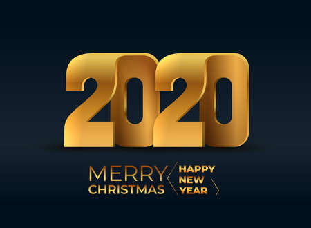 2020 merry christmas and happy new year. 2020 golden symbols for poster, postcard, banner, and web design. Vector illustration. Isolated on black background.のイラスト素材