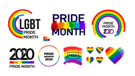 Set of LGBT Pride Month 2020. Celebrated annual. LGBT flag brush stroke. Pride day line abstract . Human rights and tolerance. Vector illustration isolated on white background.のイラスト素材