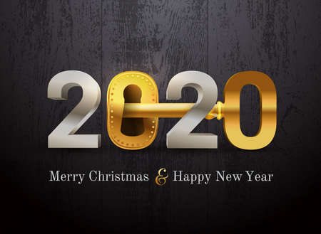2020 new year card for real estate company. Happy new year 2020 concept with key and door lock. Realty. Vector illustration. Isolated on black wood texture.のイラスト素材