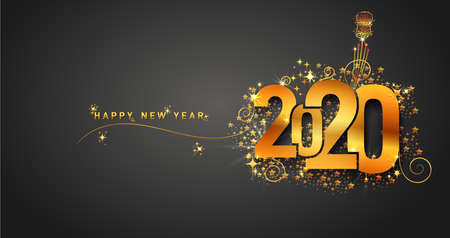 New Year 2020 line design firework champagne gold shining. Flyers, banner, greetings, invitations, christmas themed congratulations. Vector illustration. Isolated on black background.のイラスト素材