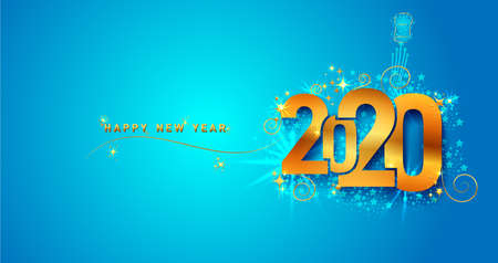 New Year 2020 line design firework champagne gold shining. Flyers, banner, greetings, invitations, christmas themed congratulations. Vector illustration. Isolated on blue backgroundのイラスト素材