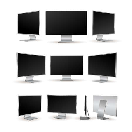 Set of Modern all-in-one desktop personal computers with blank front face, aluminium unibody mockup. Three computers display with blank screen, 3d Vector illustration. Isolated on white background.のイラスト素材