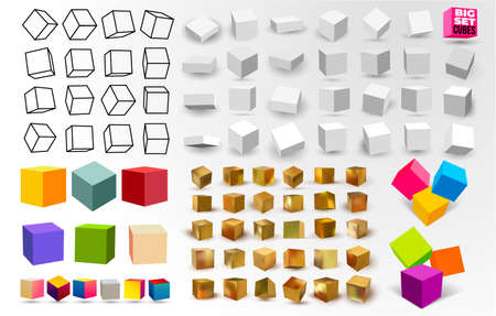 Mega Set of white 3D cubes pack isolated on white background. Different light, perspective and angle. Vector illustration. Isolated on black background.のイラスト素材