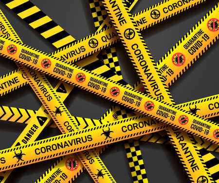 Set of yellow ribbons. Warning sign of quarantine. Coronavirus, Covid-19 outbreak. Caution tape with quarantine written on it. Vector illustration. Isolated on grey background.のイラスト素材