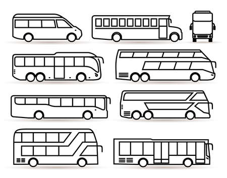 Big set of bus icon. Transport symbol black in linear style. Vector illustration. Isolated on white background.のイラスト素材