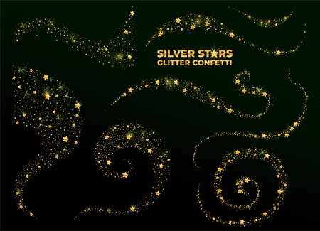 Set of gold star glitter confetti. Vector abstract graphic design. New Year Christmas. Silver glitter background. Elegant invitation template. Vector illustration. Isolated on black background.のイラスト素材