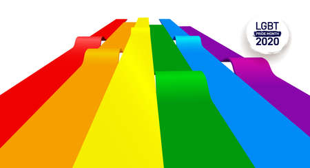 LGBTQ Pride Month 2020. Colored label on rainbow flag background. Human rights or diversity concept. LGBT event banner design, the rainbow is heading up. Vector illustration.のイラスト素材