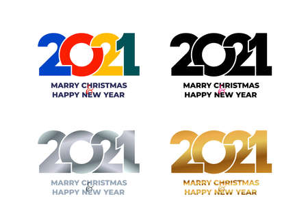 2021 Happy New Year. Set of gray symbol metallic, gold, colored, black and white color flat design. Template for web and print banner, gift card. Vector illustration. Isolated on white background.のイラスト素材