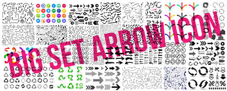 Big set arrow icon. Collection different arrows sign. Color, black and white arrows. Different direction or web design. Flat style vector illustration. Isolated on white background.のイラスト素材