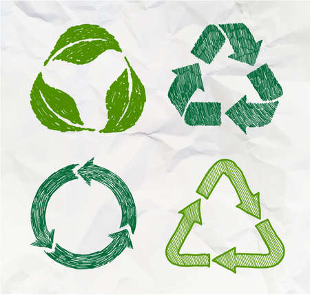 Set of sketch doodle recycle reuse symbol isolated on crumpled paper background. Recycle sign for ecological design zero waste lifestyle. Hand drawn recycle icon. Vector illustration.のイラスト素材