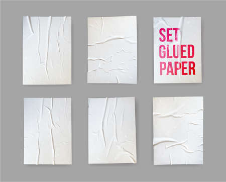 Set of glued paper wrinkled effect. Badly wet glued paper or gray adhesive foil with crumpled and creased wrinkled texture. Realistic background. Vector illustration. Isolated on white background.の写真素材